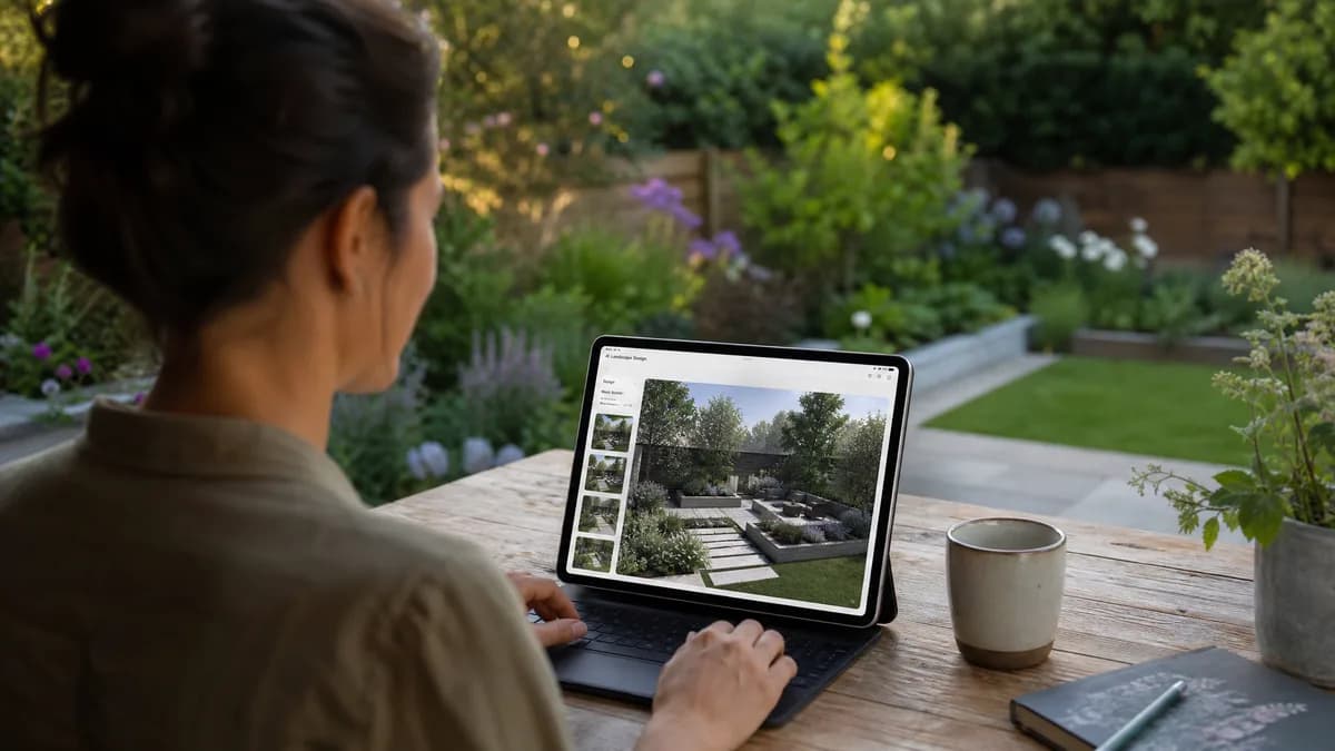 A person using a tablet outdoors to view AI-generated landscape design renderings