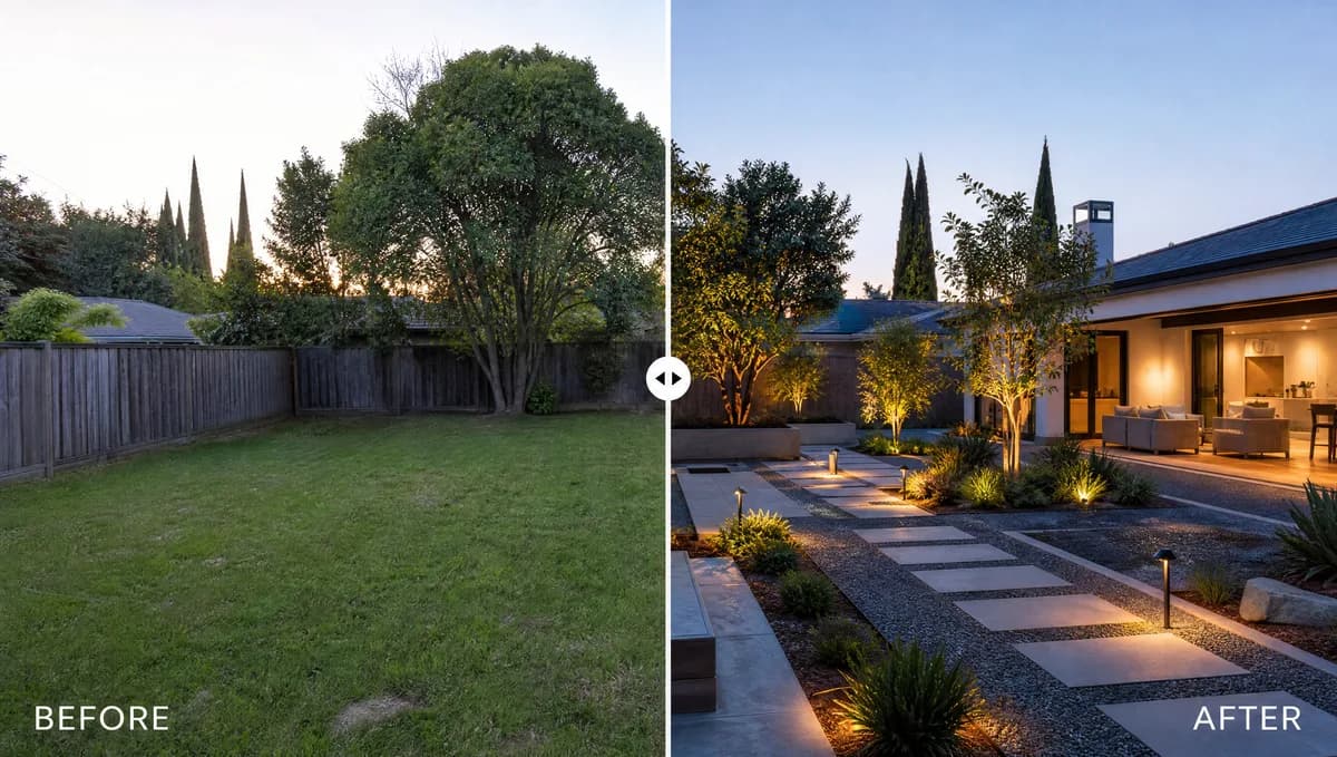 Before and after backyard transformation showing a plain lawn turned into a professional landscape design