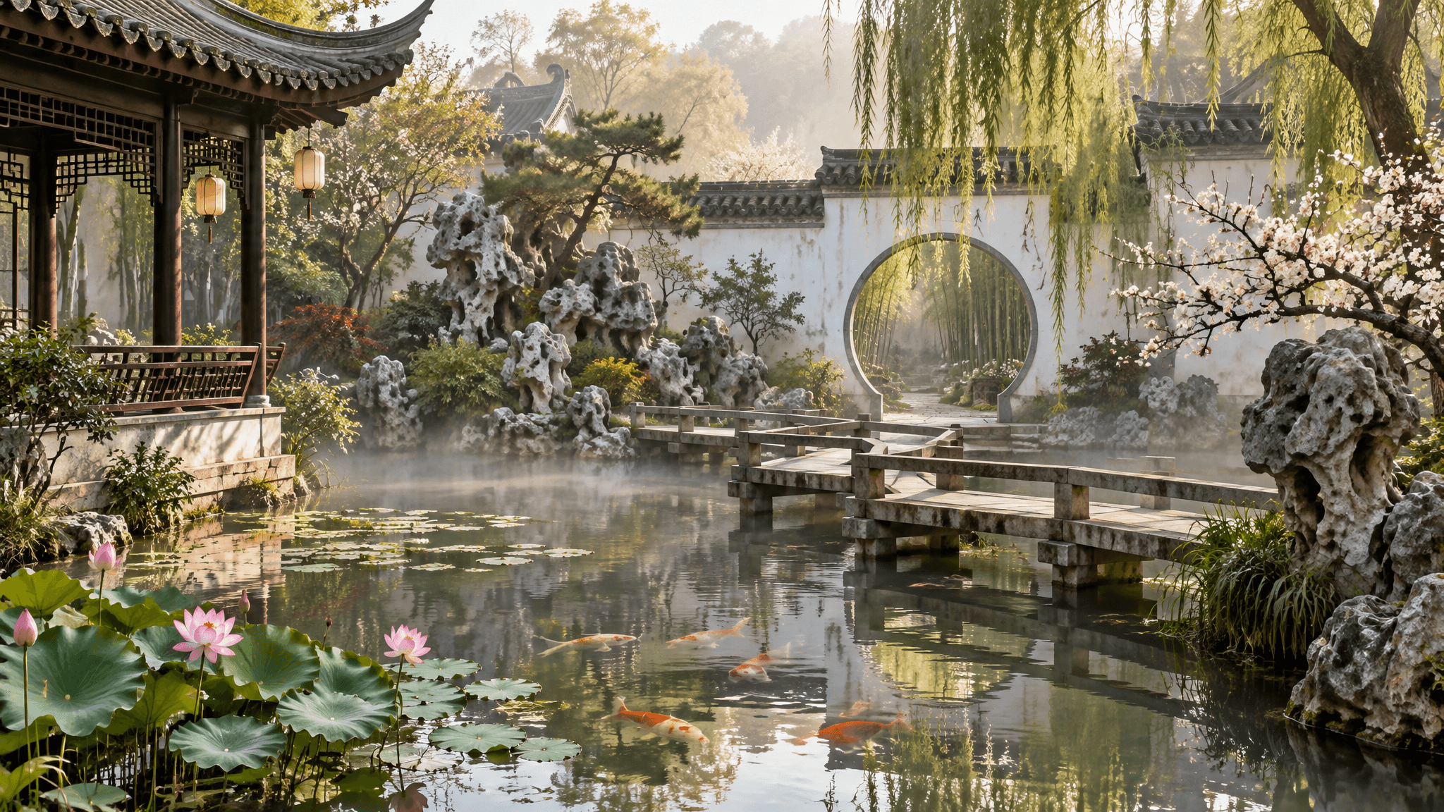 A Chinese Jiangnan garden with whitewashed walls, Taihu rockery, a koi pond with lotus, a moon gate framing bamboo, and a zigzag bridge