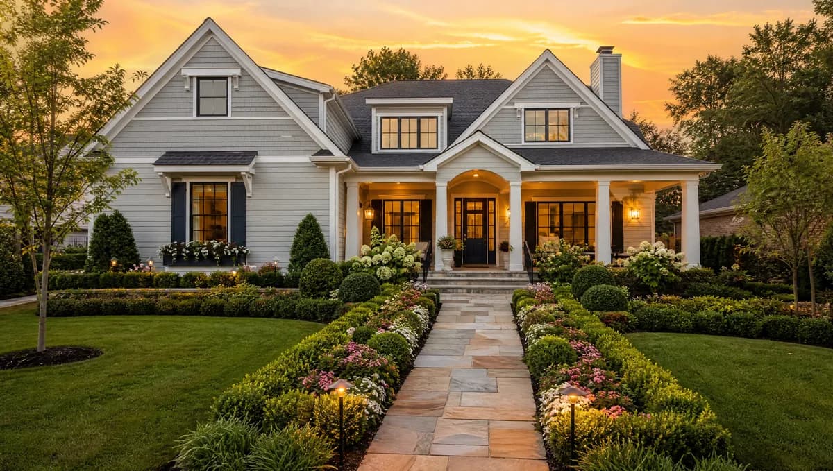 A beautiful front yard with incredible curb appeal featuring manicured hedges, colorful flower beds, and a stone pathway
