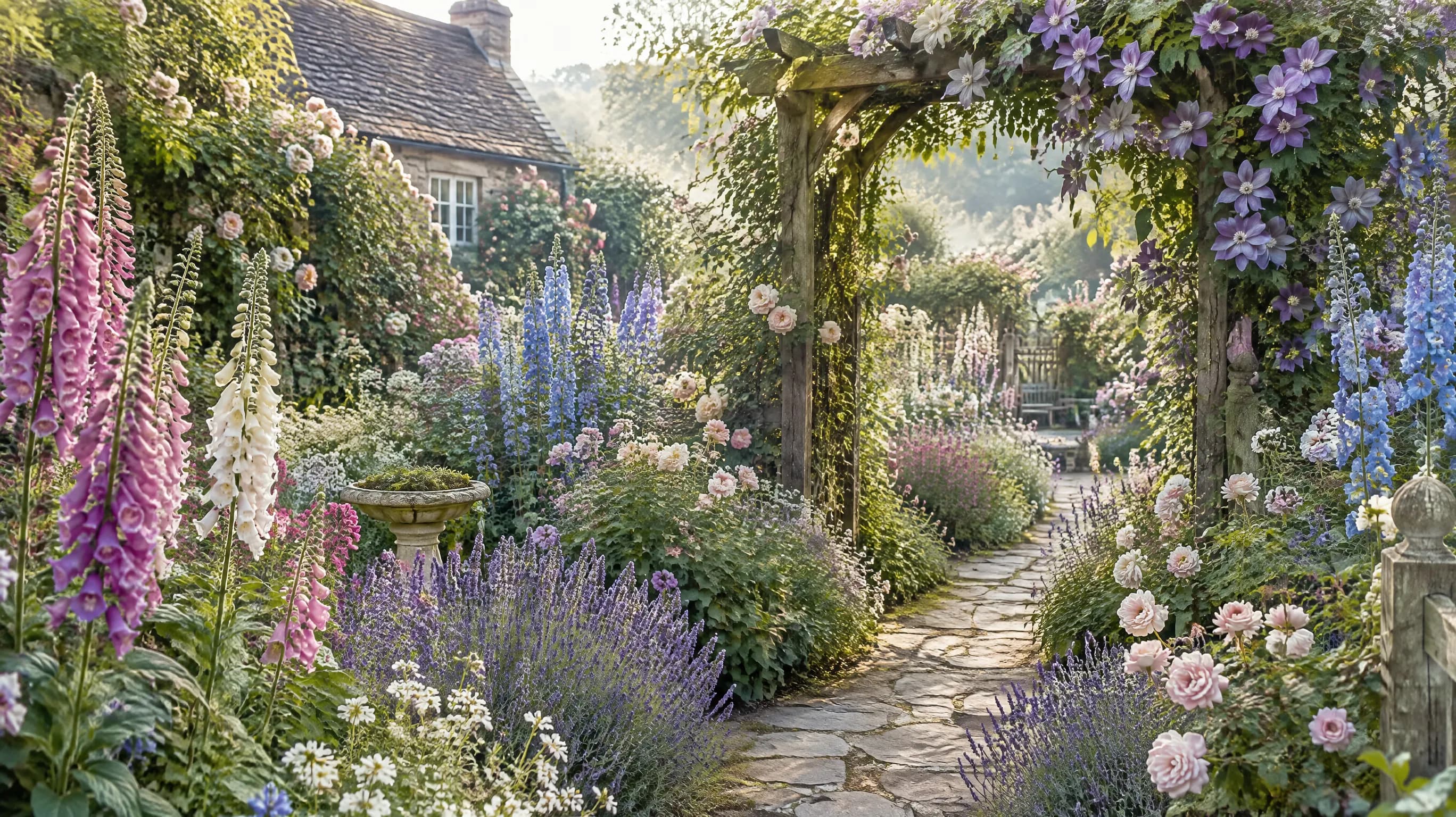 A lush English cottage garden with winding stone path through overflowing flower borders of foxgloves, roses, and delphiniums