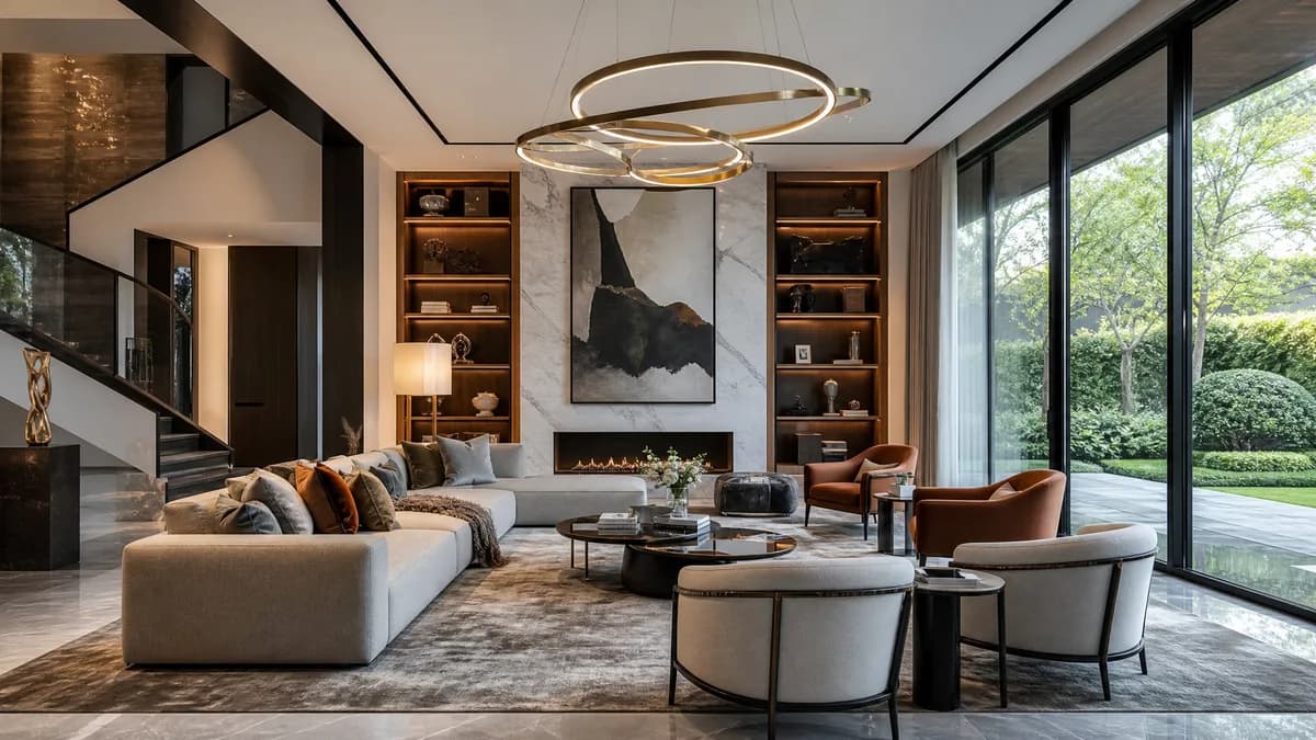 A luxurious modern living room showcasing 2026 interior design trends
