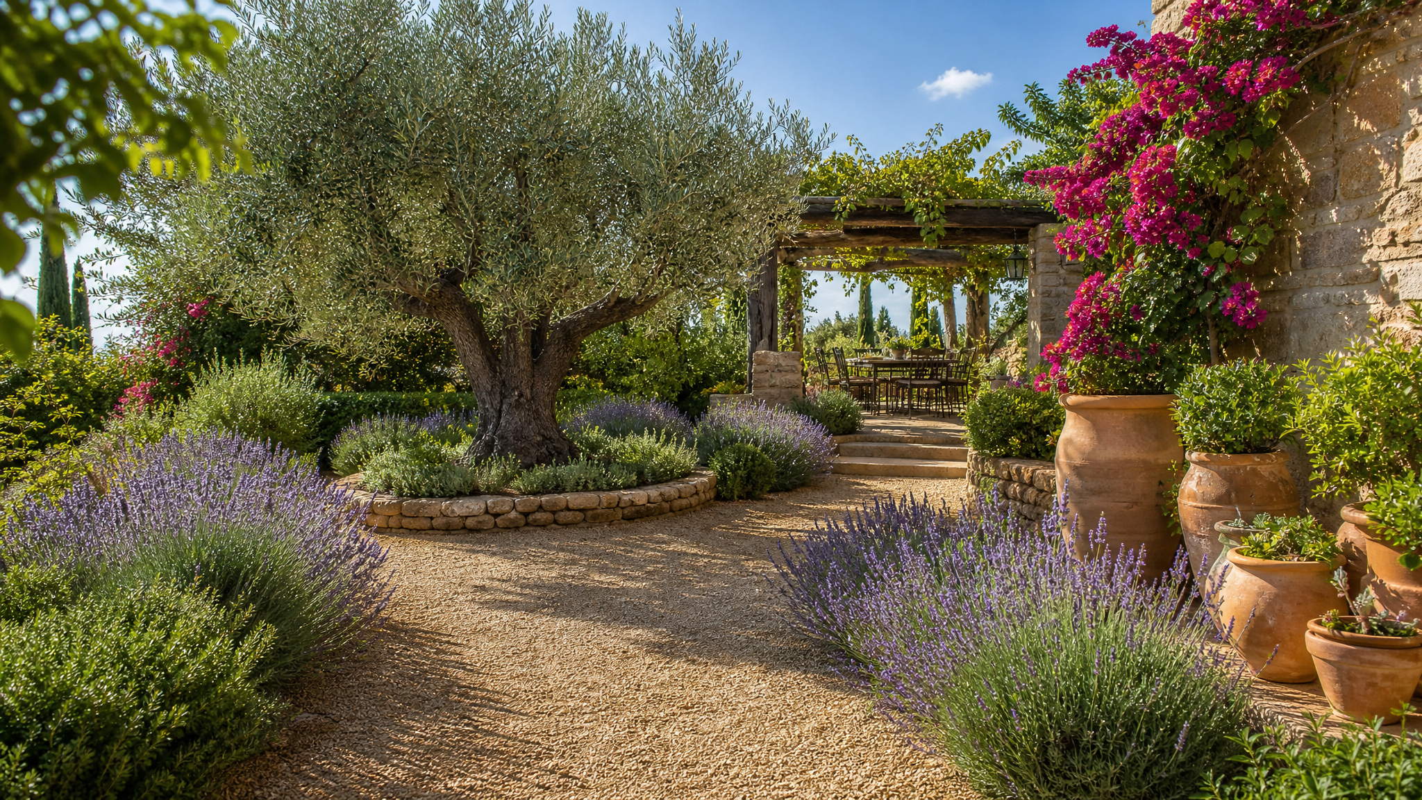 A lush Mediterranean garden with lavender borders, olive trees, gravel pathways, and terracotta pots under warm sunlight
