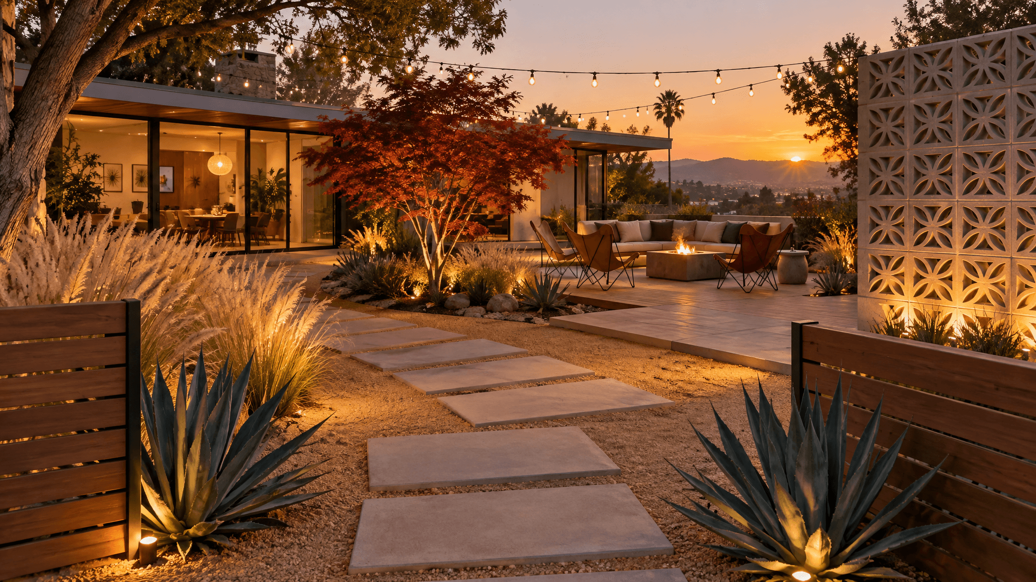 A mid-century modern landscape with clean concrete pavers, ornamental grasses, agave plantings, a breeze block wall, and warm cedar furniture under string lights