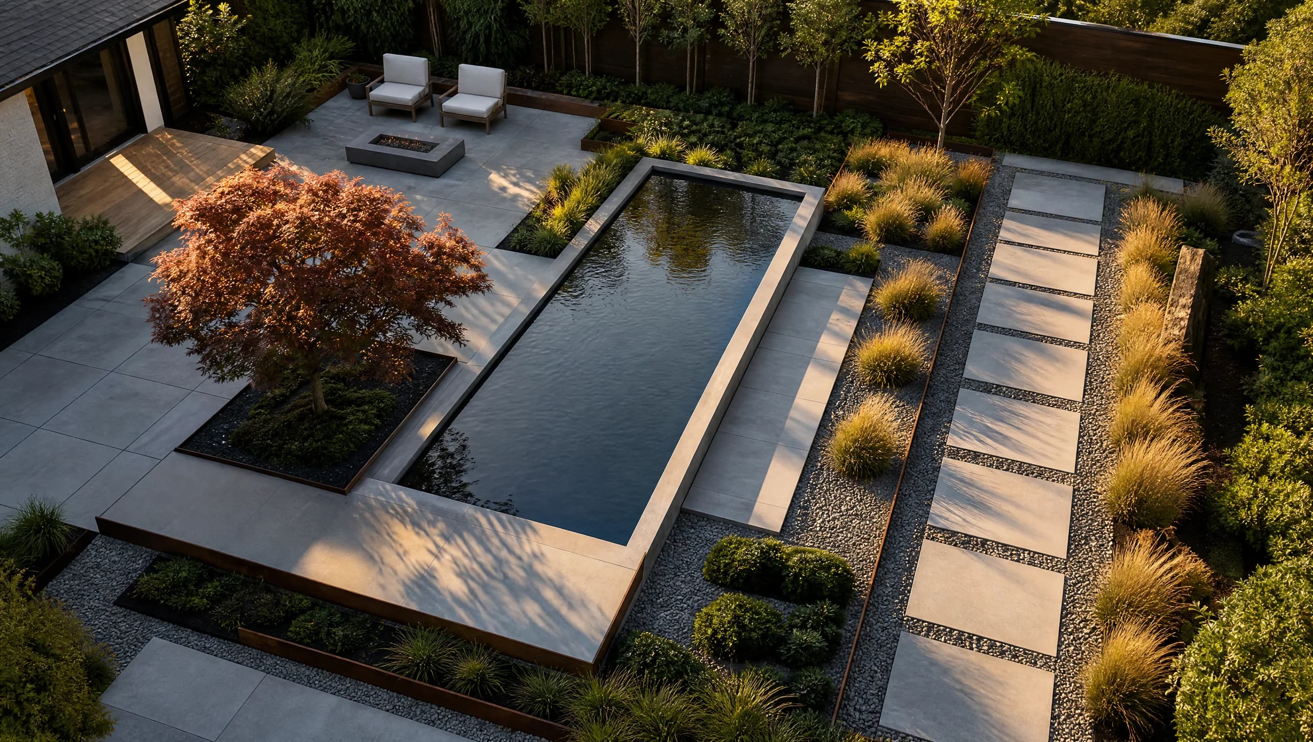 Aerial view of a modern minimalist landscape design with geometric pathways and sculptural planting