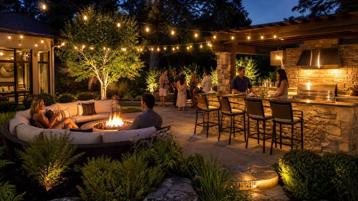A luxurious outdoor entertaining space with built-in grill, fire pit, and comfortable seating