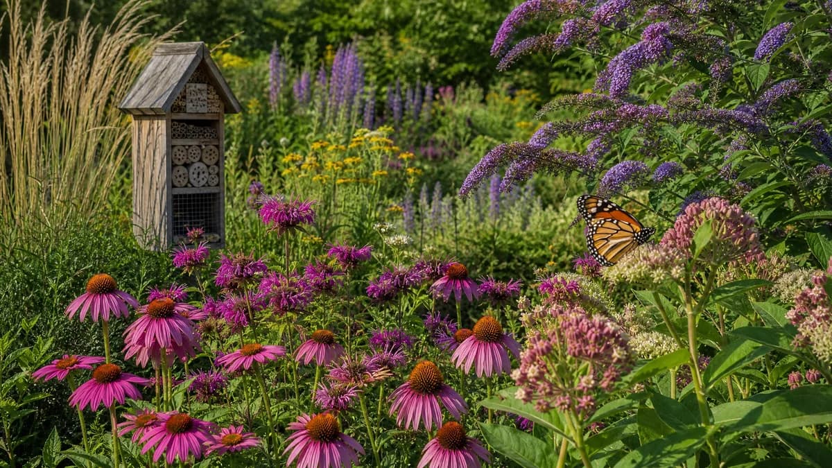A beautiful pollinator-friendly garden with coneflowers, bee balm, and native grasses