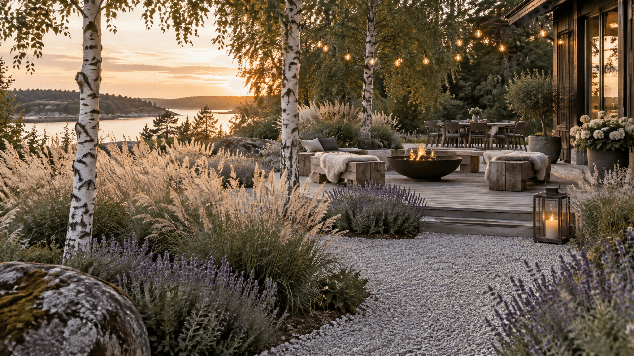 A serene Scandinavian garden with silver birch trees, ornamental grasses, gravel terrace, and a timber fire pit area surrounded by soft lavender planting