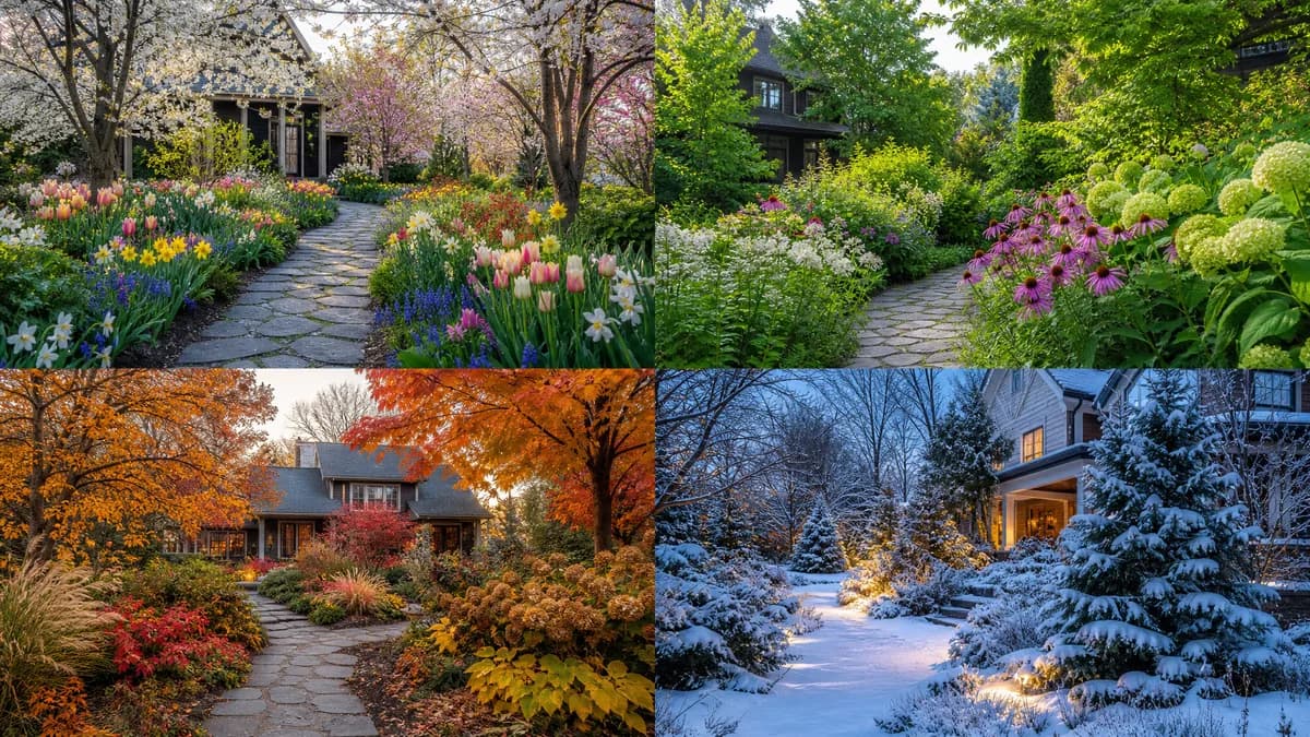 A stunning seasonal garden showing vibrant colors across multiple seasons