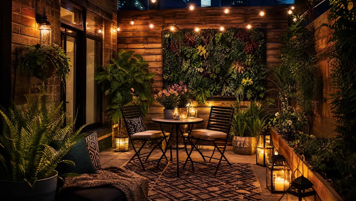 An inviting small urban patio garden at night with string lights, potted plants, and a bistro table