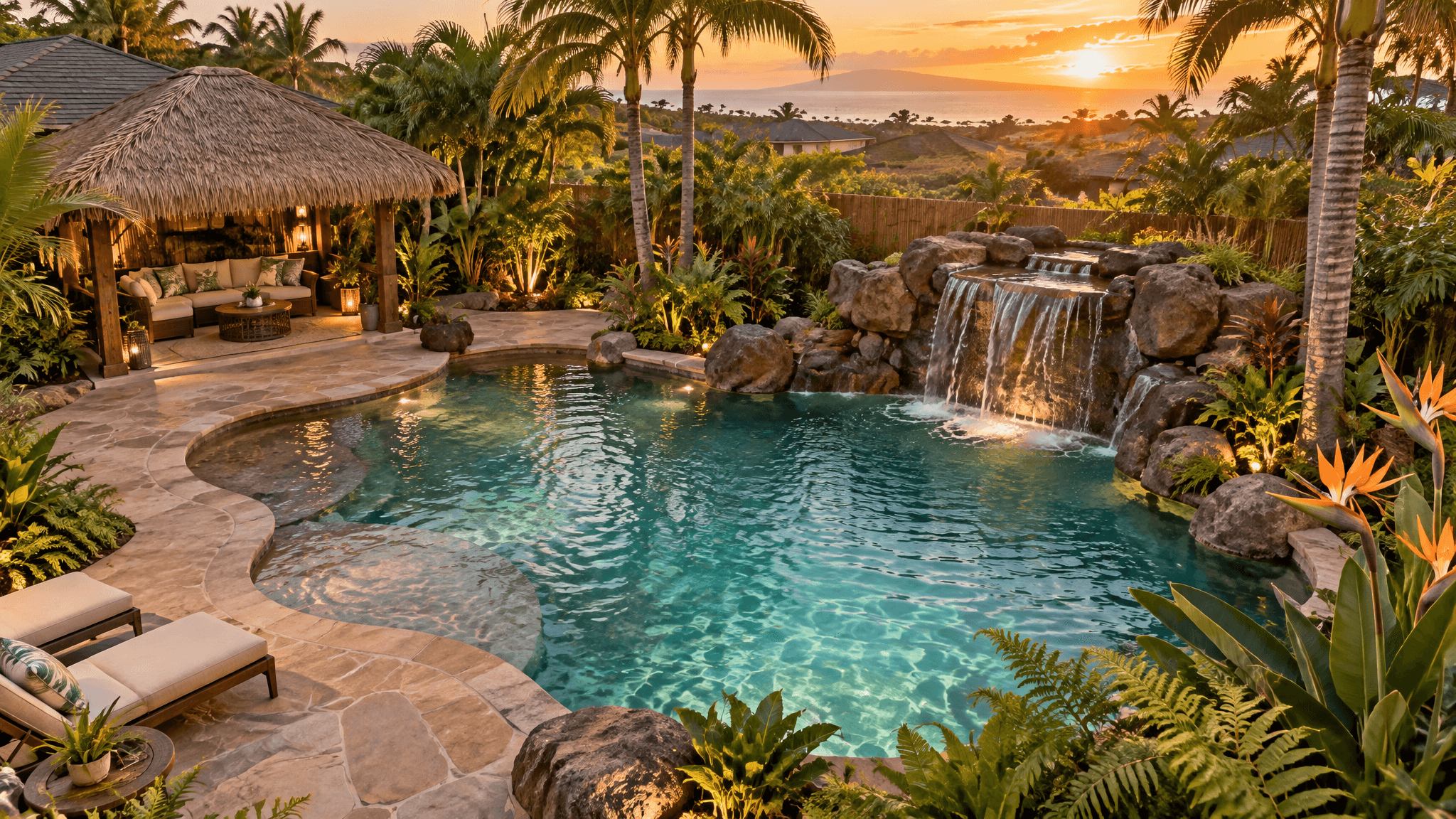 Tropical resort-style backyard with lush palm trees, freeform pool, and thatched cabana surrounded by layered tropical planting