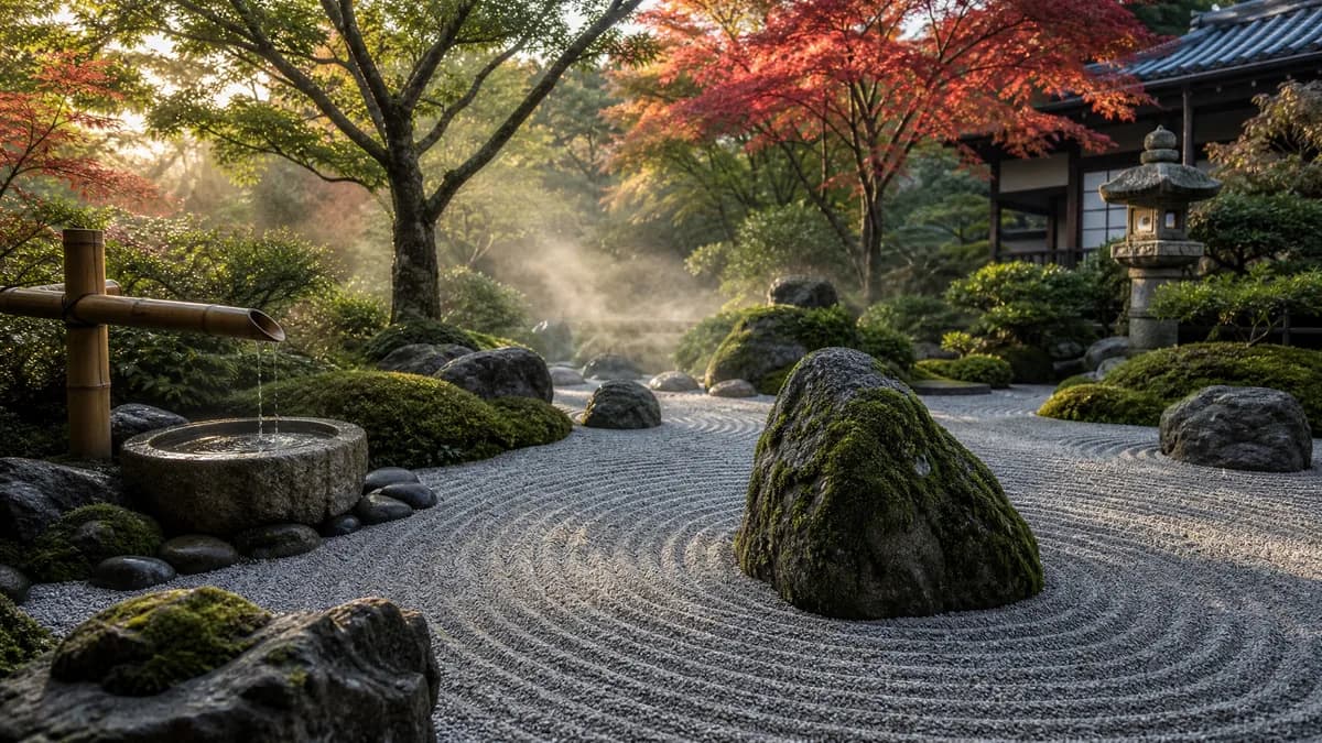 A serene Japanese zen garden with raked gravel patterns, moss-covered stones, and a bamboo water feature